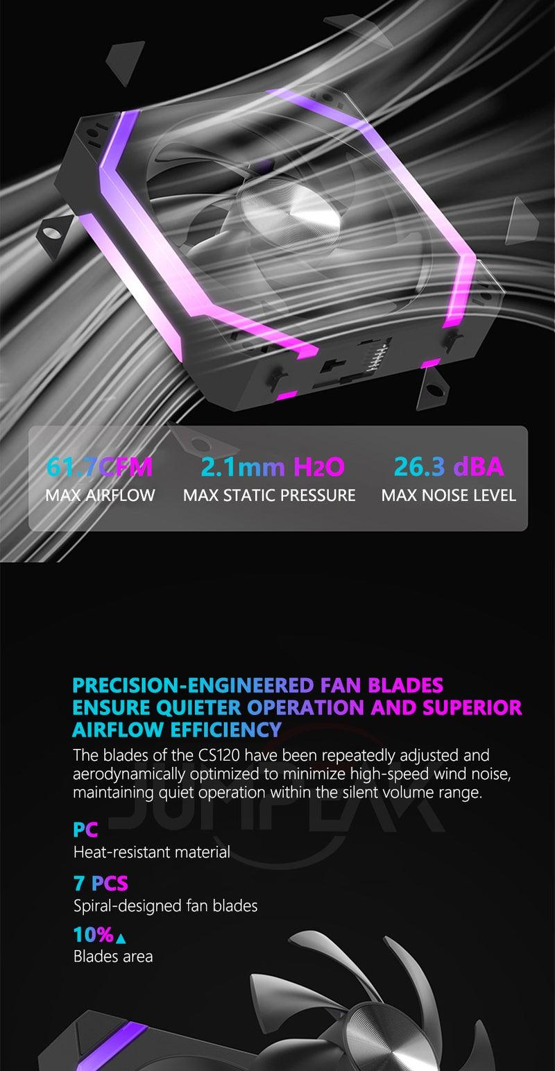 Jumpeak cs120 argb ventilador de refrigeração 360mm 240mm modular empilhável