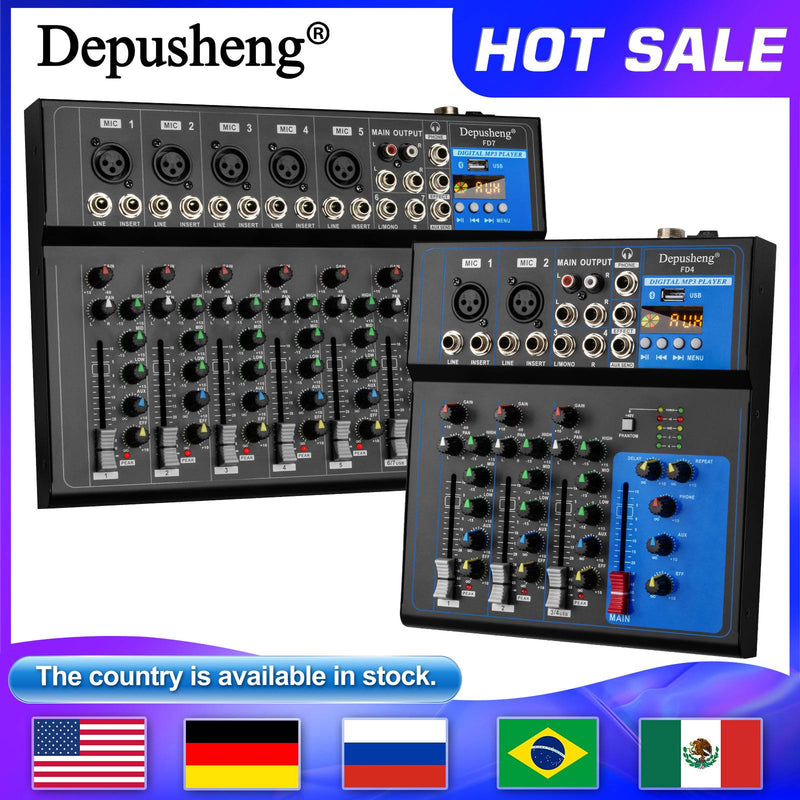 Mixer de som Depusheng de 4/7 canais, console digital portátil profissional de