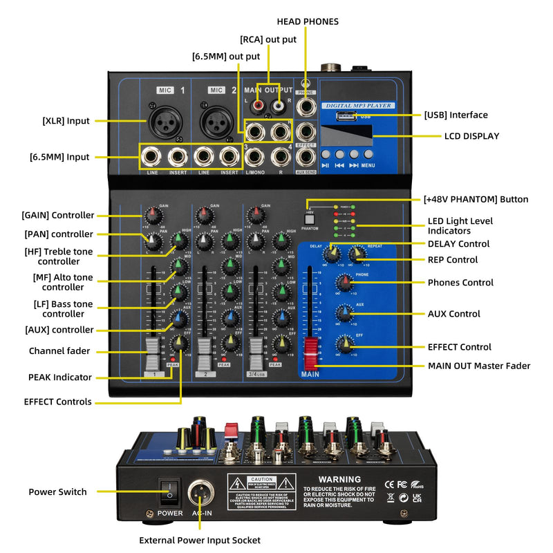 Mixer de som Depusheng de 4/7 canais, console digital portátil profissional de