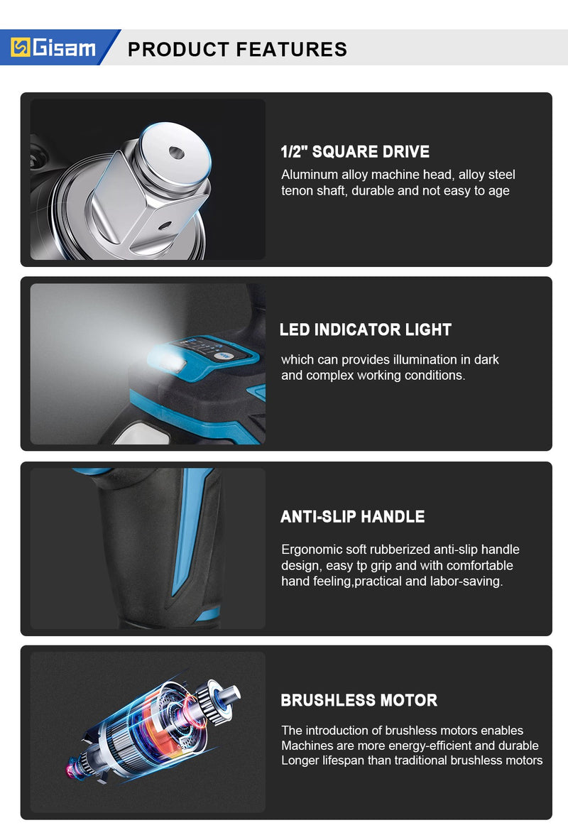 Gismo 1200N.M Torque Brushless Chave de impacto elétrica 1/2 polegada Chave de