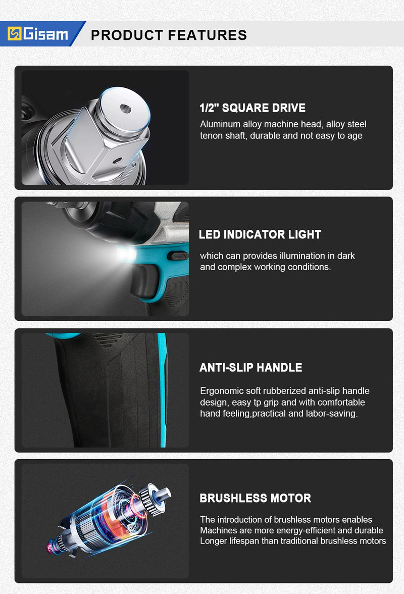 Chave de impacto elétrica sem escova, torque 1800n.m, bateria de íon de lítio