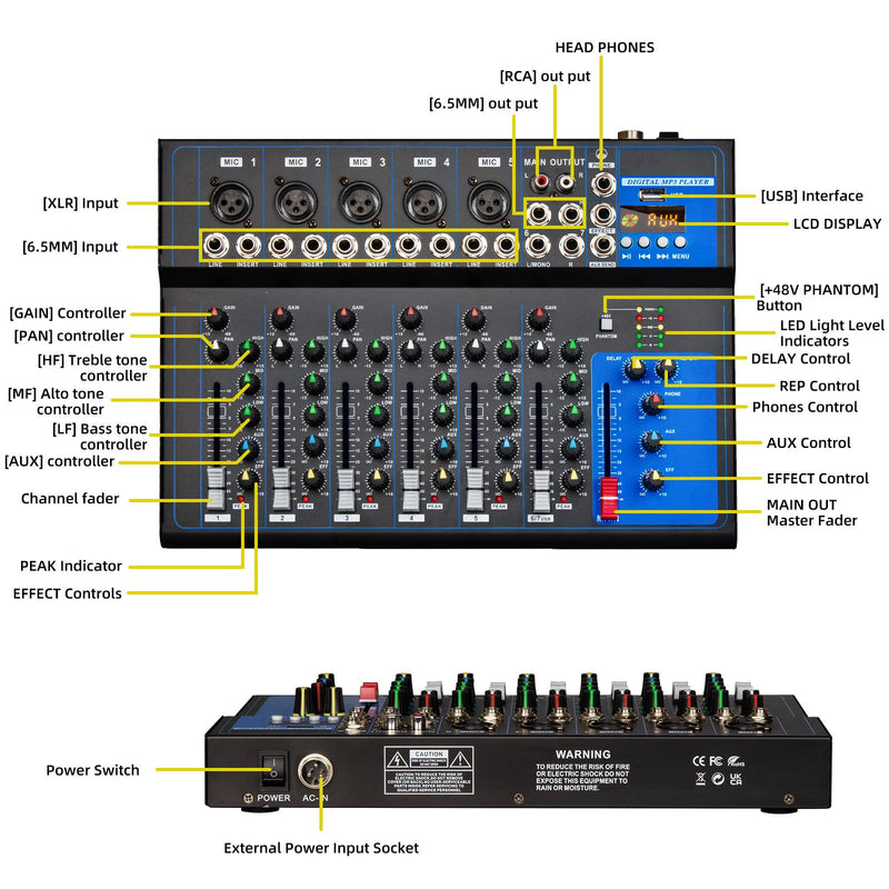 Mixer de som Depusheng de 4/7 canais, console digital portátil profissional de