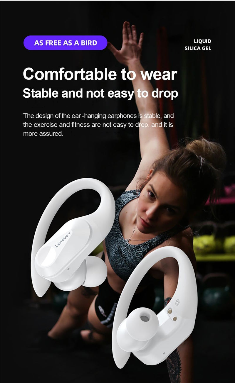 Lenovo-Fones de Ouvido Esportivos Sem Fio com Microfone, Controle de Botão, Dis