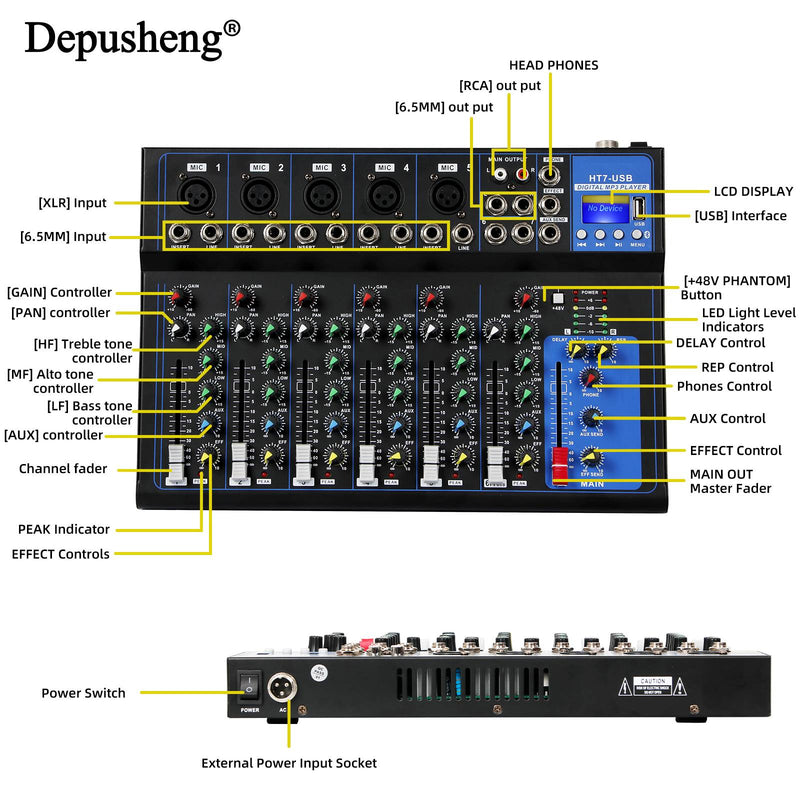 Mixer de som Depusheng de 4/7 canais, console digital portátil profissional de
