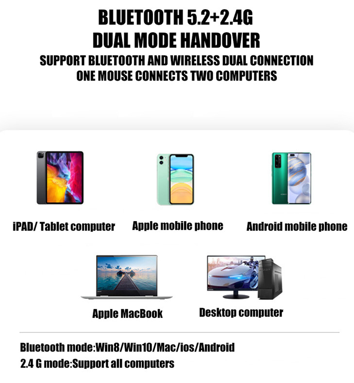 Mouse sem fio recarregável bluetooth e 2.4Ghz 1600 dpi