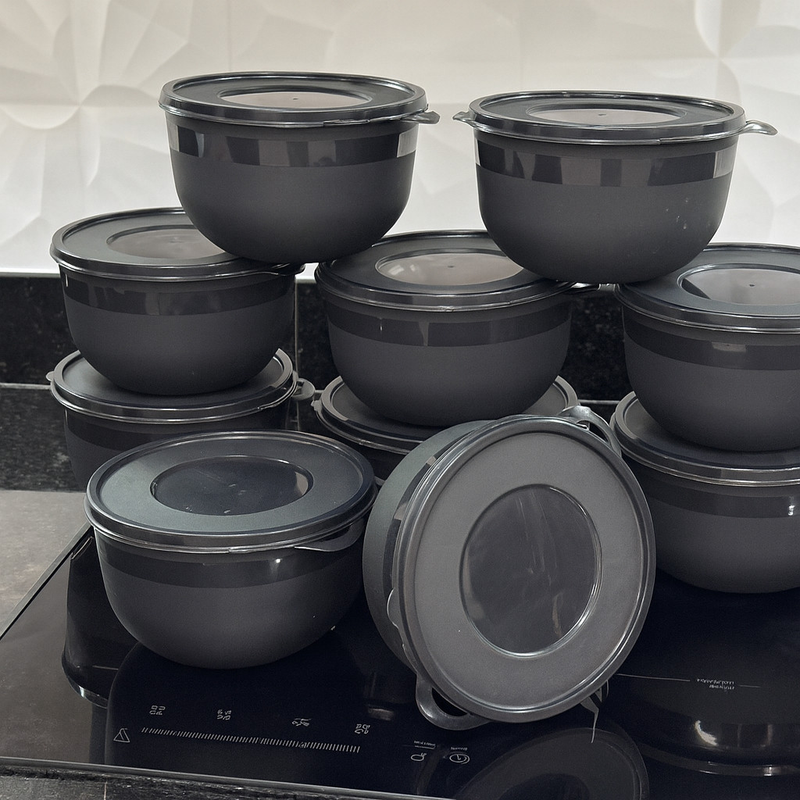 Kit 10 Potes Bowl 1300ml Plástico com Tampa reforçado Cozinha Marmita Micro-ondas, freezer