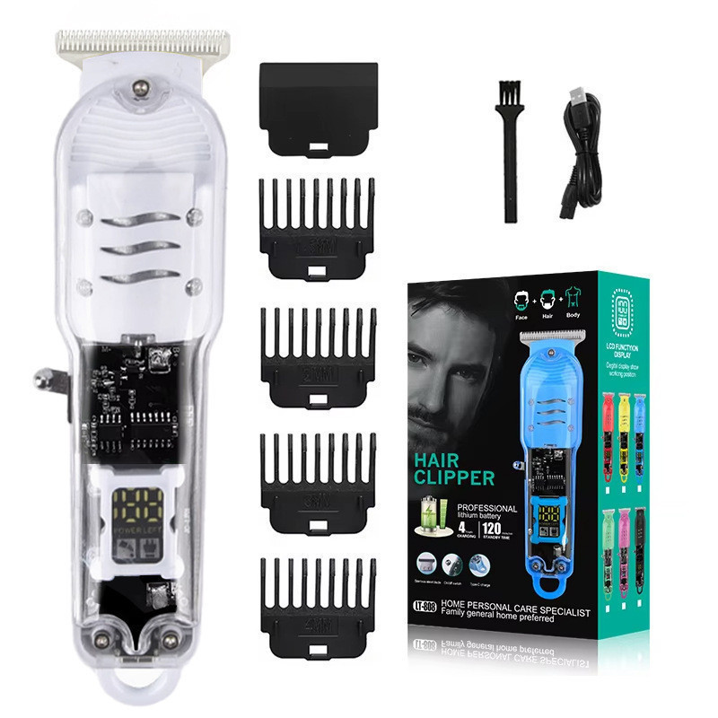Máquina De Cortar Cabelo Profissional Smart Lcd Barbeador Elétrico Transparente Sem Fio Para Homens