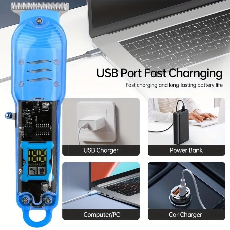 Máquina De Cortar Cabelo Profissional Smart Lcd Barbeador Elétrico Transparente Sem Fio Para Homens